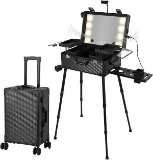 Rolling Makeup Train Case with Lighted Mirror and Bluetooth Speaker Professional Cosmetic Organizer Case with Wheels, Stands Portable Makup Station Vanity for Travel (Black, Small)