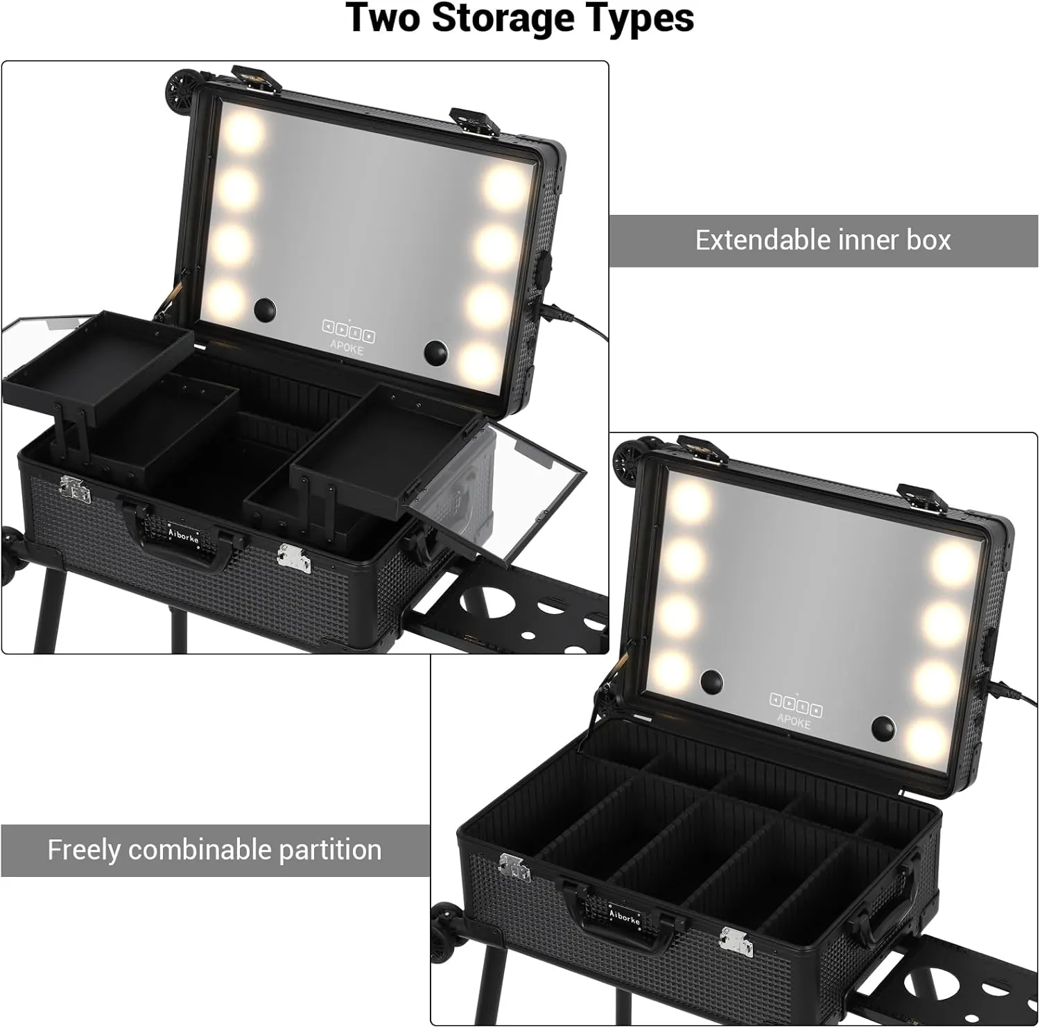 Rolling Makeup Train Case with Lighted Mirror and Bluetooth Speaker Professional Cosmetic Organizer Case with Wheels, Stands Portable Makup Station Vanity for Travel (Black, Small)