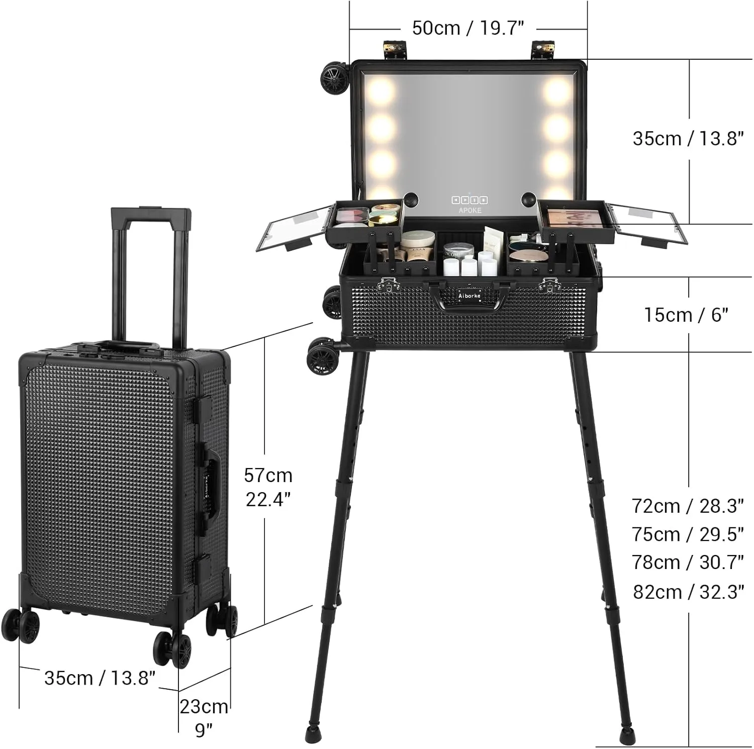 Rolling Makeup Train Case with Lighted Mirror and Bluetooth Speaker Professional Cosmetic Organizer Case with Wheels, Stands Portable Makup Station Vanity for Travel (Black, Small)