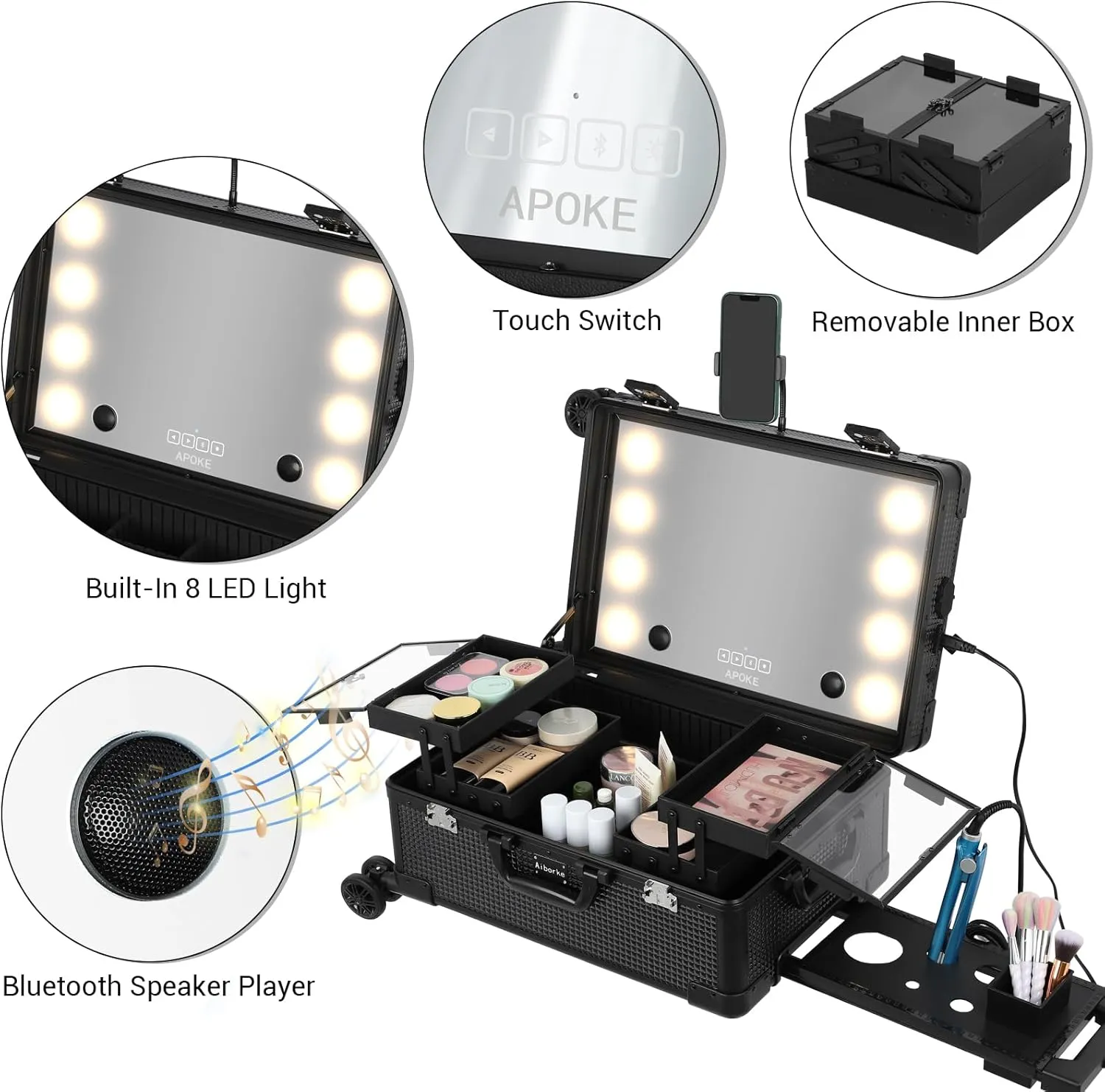 Rolling Makeup Train Case with Lighted Mirror and Bluetooth Speaker Professional Cosmetic Organizer Case with Wheels, Stands Portable Makup Station Vanity for Travel (Black, Small)