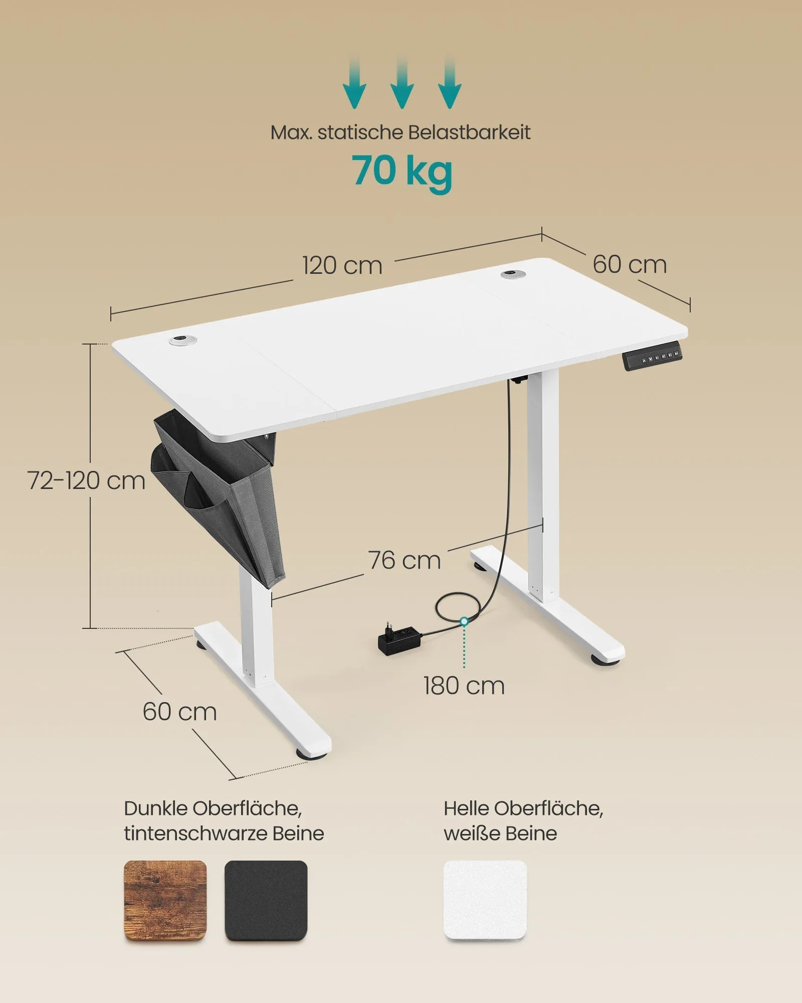 Rootz Electric Standing Desk - Height Adjustable Desk - Sit Stand Desk - Particle Board and Steel - 60cm x 120cm x 120cm - Cloud White