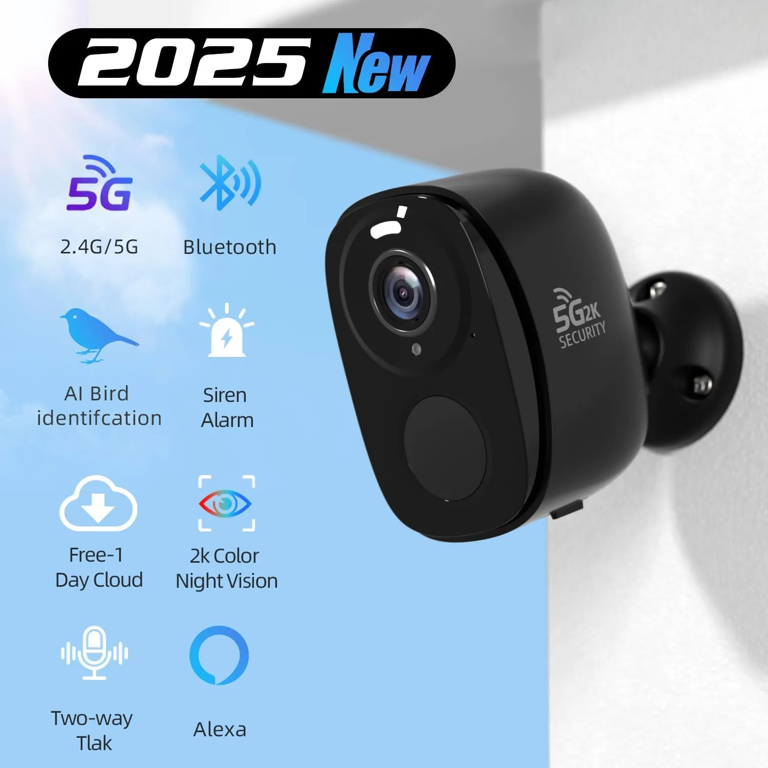 Rraycom 5G/2.4G WiFi Security Cameras Wireless Outdoor, 2K Battery Powered AI Motion Detection Siren Alarm Home Indoor Camera,Color Night Vision, 2-Way Talk, IP65 Waterproof, Works/Alexa, Cloud/SD