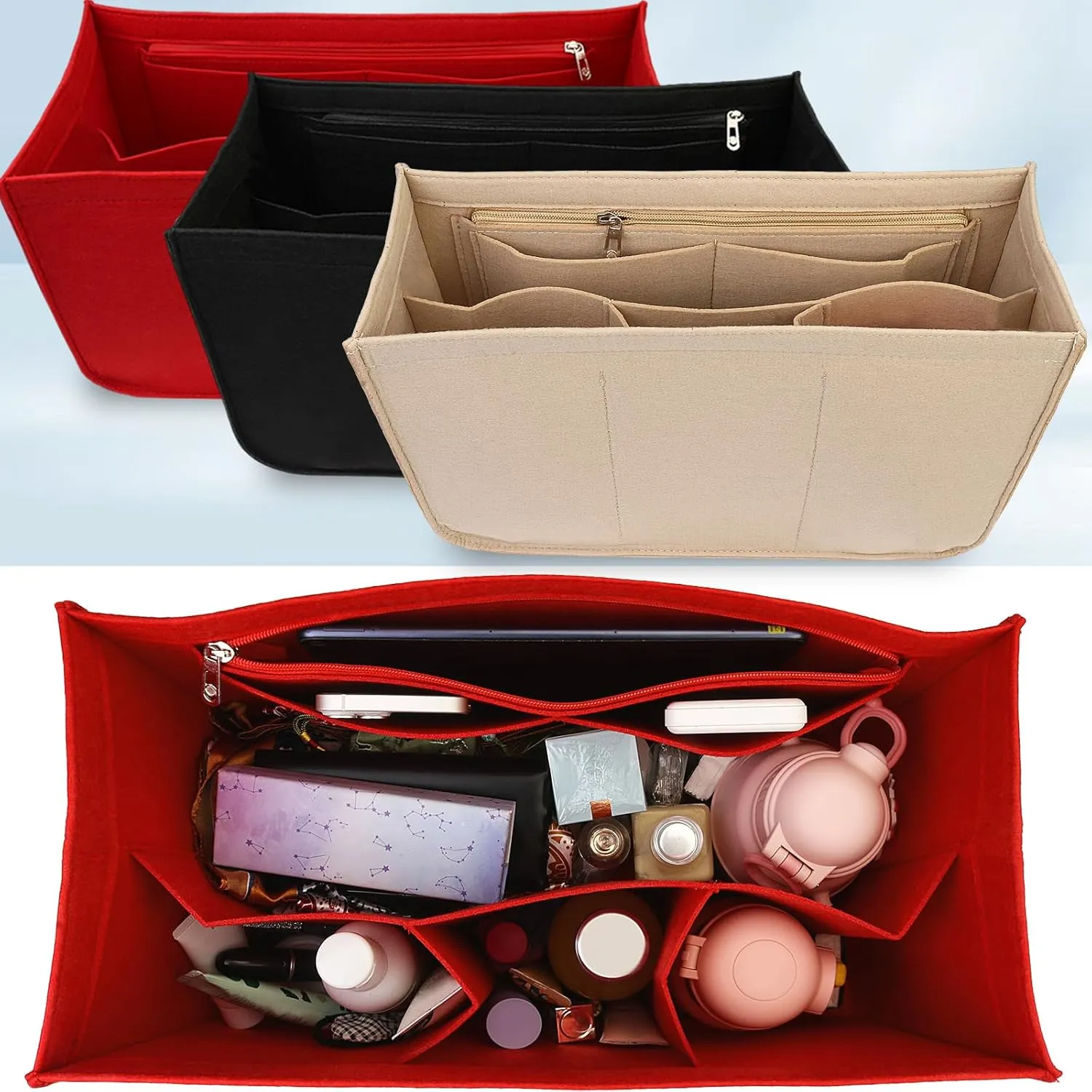 Rubber Beach Bag Organizer Compatible with Bogg Bag Tote & Simply Southern Tote,Felt Handbag Organizer,Insert Divider Pouch Zipper for Bags,7 Pocekets,Red- Large