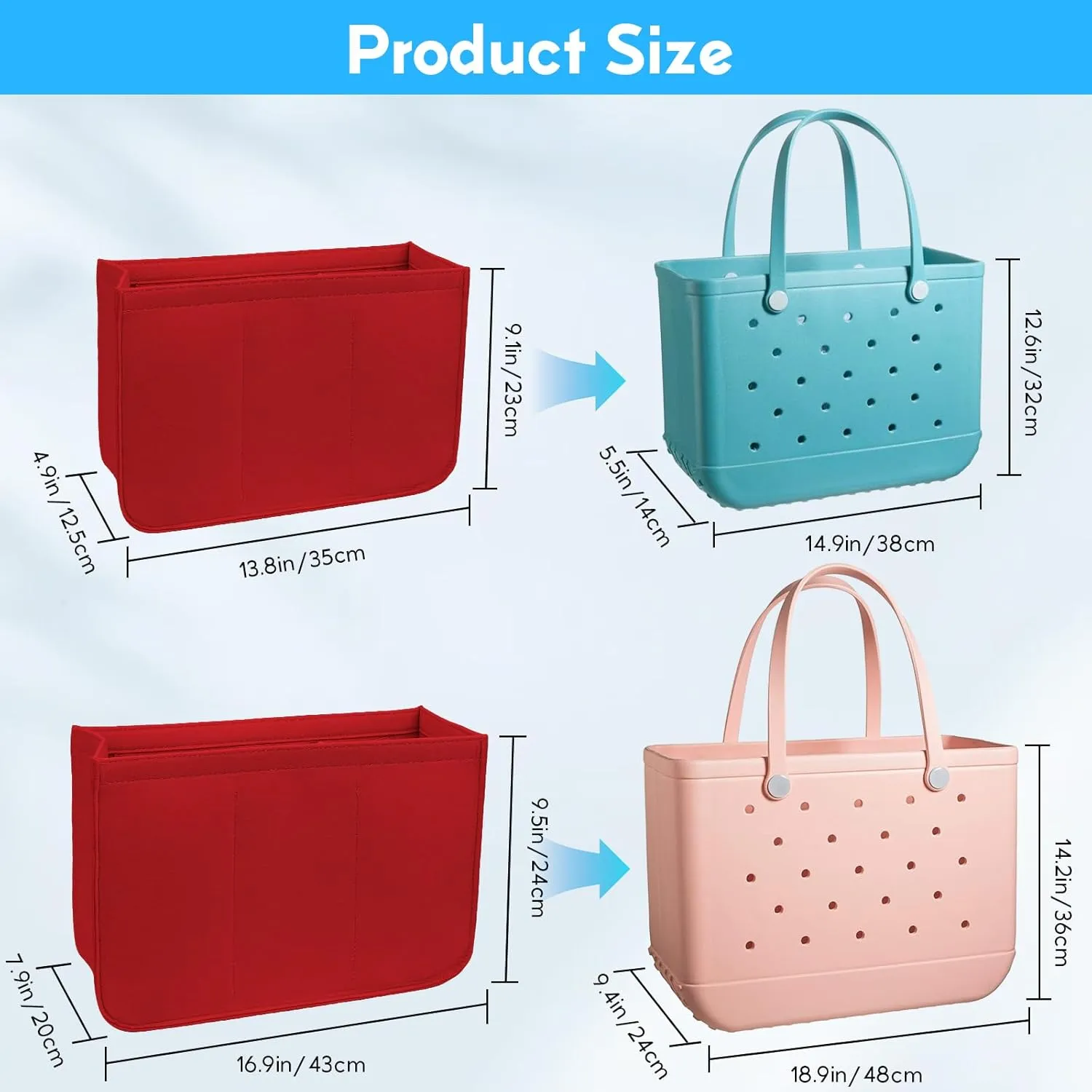 Rubber Beach Bag Organizer Compatible with Bogg Bag Tote & Simply Southern Tote,Felt Handbag Organizer,Insert Divider Pouch Zipper for Bags,7 Pocekets,Red- Large