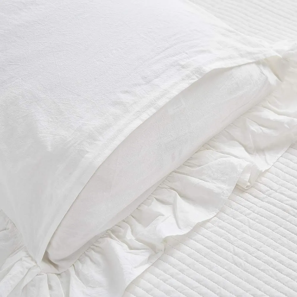 Ruffle Pillow Shams King Size Set of 2, Shabby Washed Cotton Pillow Cases White Farmhouse Pillow Covers 20"x36"