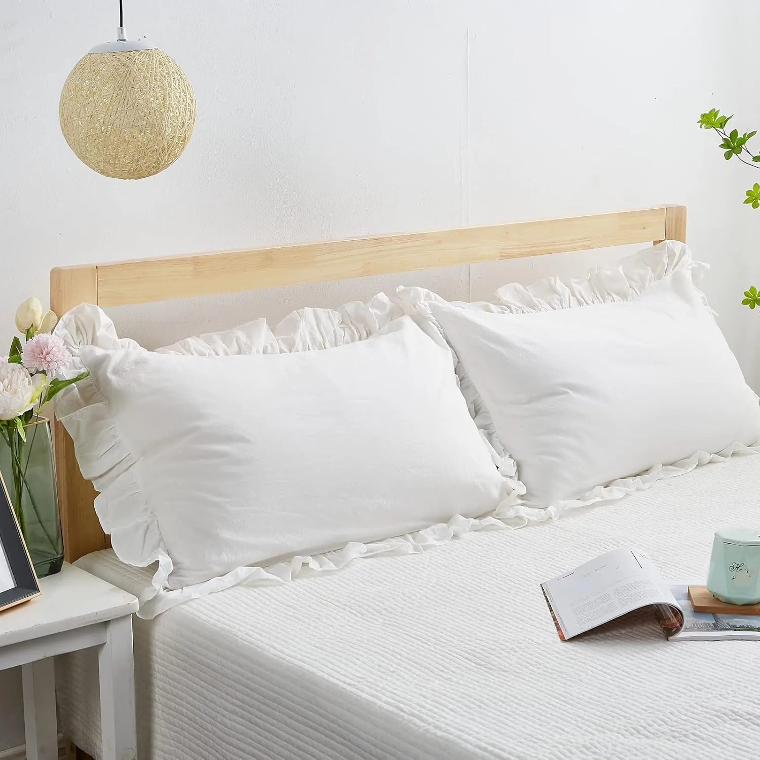Ruffle Pillow Shams King Size Set of 2, Shabby Washed Cotton Pillow Cases White Farmhouse Pillow Covers 20"x36"