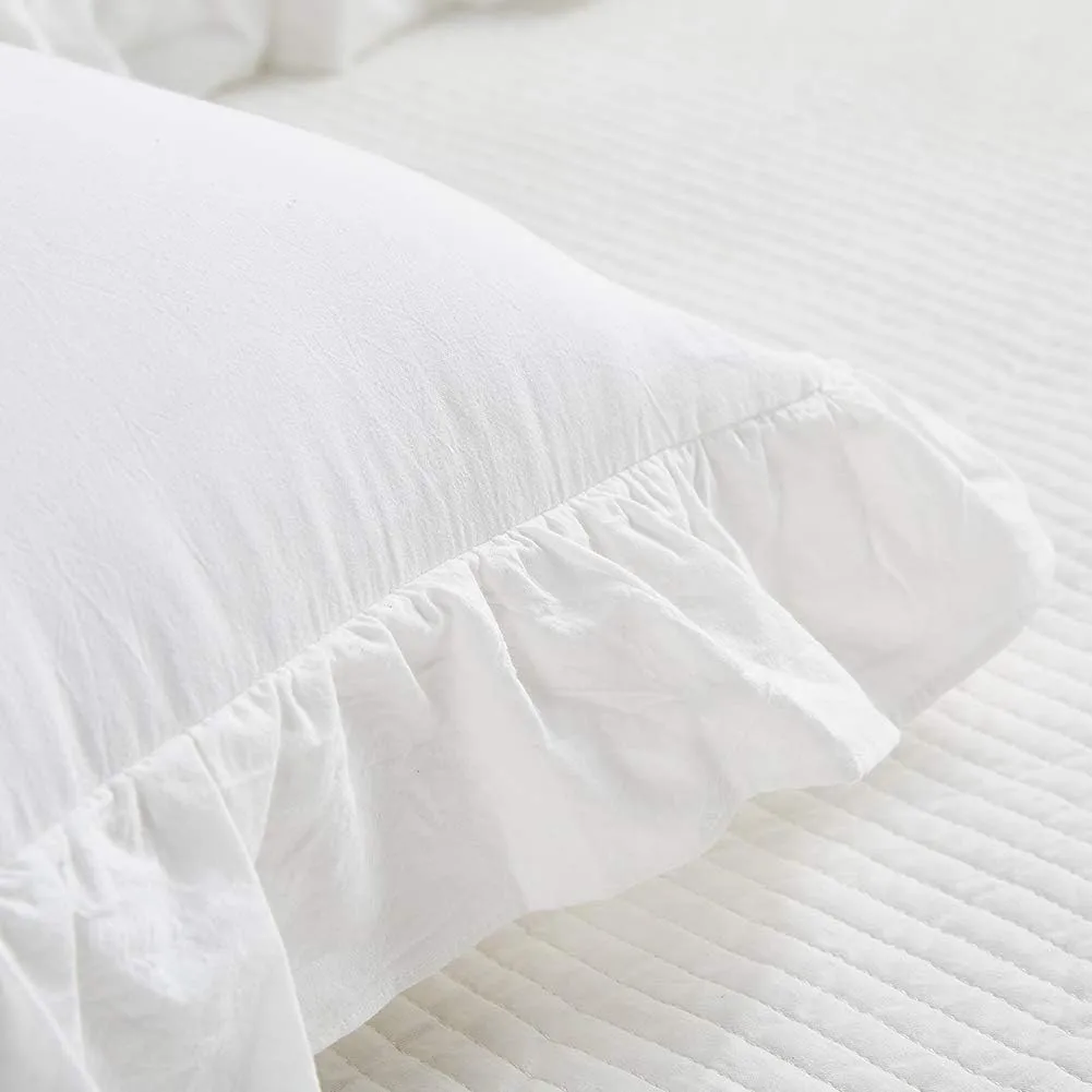 Ruffle Pillow Shams King Size Set of 2, Shabby Washed Cotton Pillow Cases White Farmhouse Pillow Covers 20"x36"