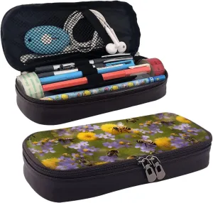 Rural Honey Bees Wildflowers print Leather Flap Cosmetic Bag, Toiletry Organizer, Zipper Coin Purse, Cosmetic Case, Black