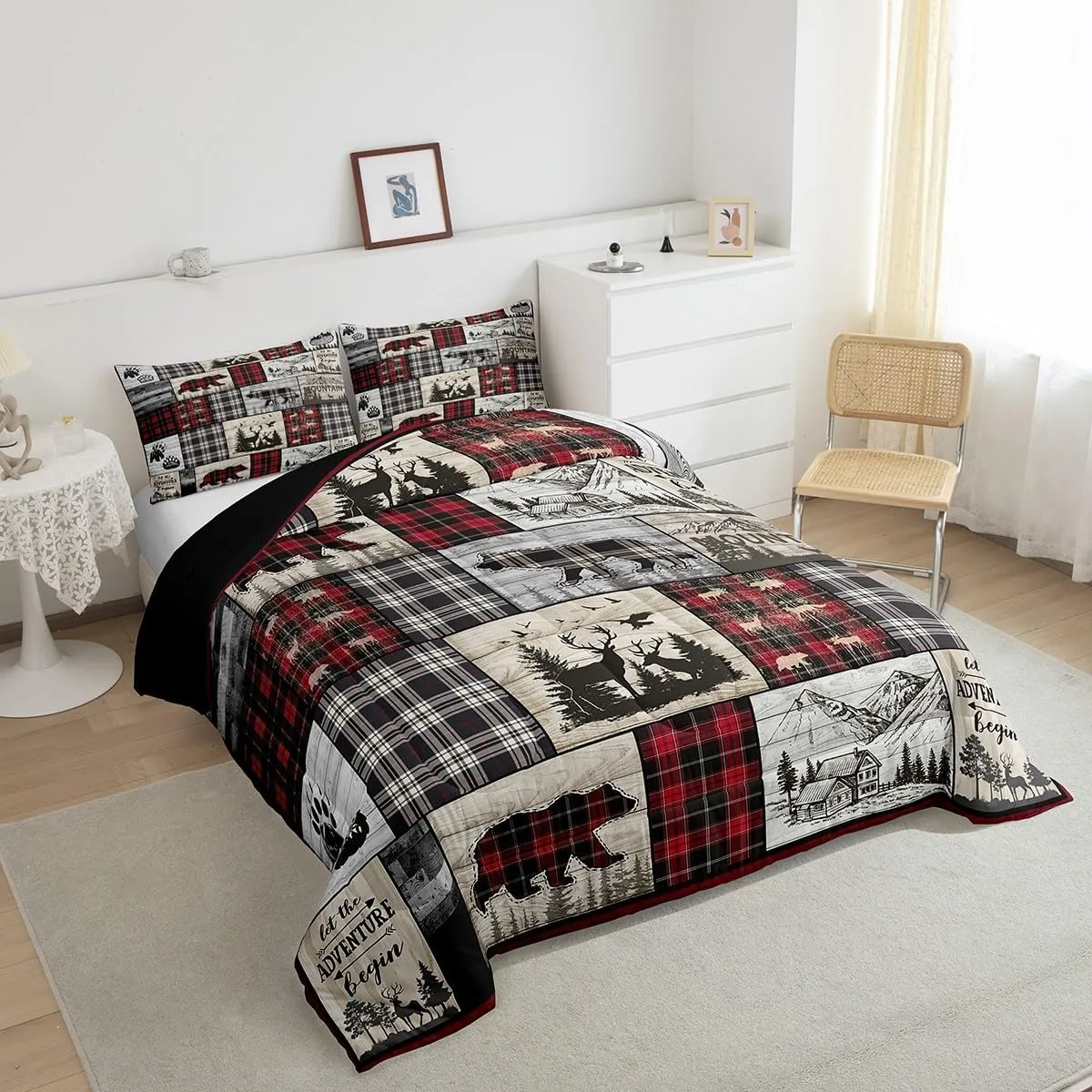 Rustic Cabin Comforter Set Queen Woodland Wolf Deer Bear Comforter For Kids Adults,Red Black Buffalo Plaid Bedding Set Wildlife Camping Lodge Mountain Quilt Bedding Southwestern Farmhouse Decor