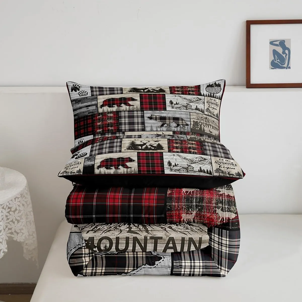 Rustic Cabin Comforter Set Queen Woodland Wolf Deer Bear Comforter For Kids Adults,Red Black Buffalo Plaid Bedding Set Wildlife Camping Lodge Mountain Quilt Bedding Southwestern Farmhouse Decor