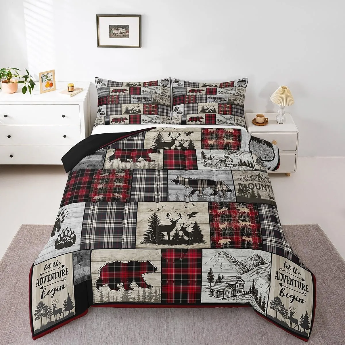 Rustic Cabin Comforter Set Queen Woodland Wolf Deer Bear Comforter For Kids Adults,Red Black Buffalo Plaid Bedding Set Wildlife Camping Lodge Mountain Quilt Bedding Southwestern Farmhouse Decor