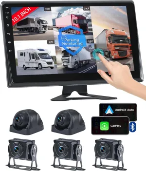 RV Camera System with Wireless Carplay Android Auto, 5 1080P Backup Camera Dash Cam & 10.1" HD Android 13 Touch Screen Parking Monitoring Navigation DVR BT for RV Trailer Truck Camper Motorhome