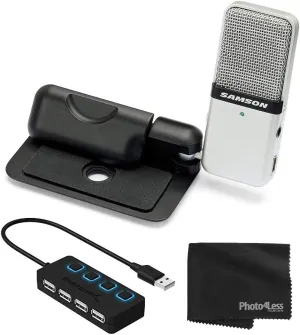 Samson Go Mic Portable Clip-on USB Condenser Microphone (Titanium)- USB 2.0 Hub with Individual LED lit Power Switches   Cleaning Cloth – Deluxe Bundle Great for Podcasting and Field Recording