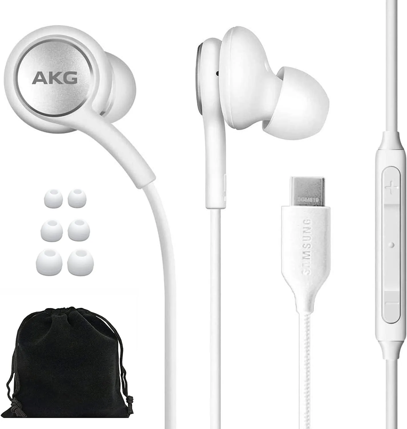 SAMSUNG AKG Earbuds Original USB Type C in-Ear Earbud Headphones with Remote & Mic for Galaxy S23 Ultra, A53 5G, S22, S21 FE, S20, Note 10, 10 , S10 Plus - Braided - Includes Velvet Pouch - White