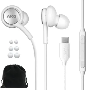 SAMSUNG AKG Earbuds Original USB Type C in-Ear Earbud Headphones with Remote & Mic for Galaxy S23 Ultra, A53 5G, S22, S21 FE, S20, Note 10, 10 , S10 Plus - Braided - Includes Velvet Pouch - White