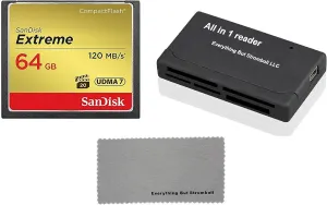 SanDisk Extreme 64GB CompactFlash Memory Card works with Canon EOS 7D Mark II Digital DSLR Camera HD UDMA 7 (SDCFXSB-064G-G46) with Everything But Stromboli Microfiber Cloth and Combo Reader