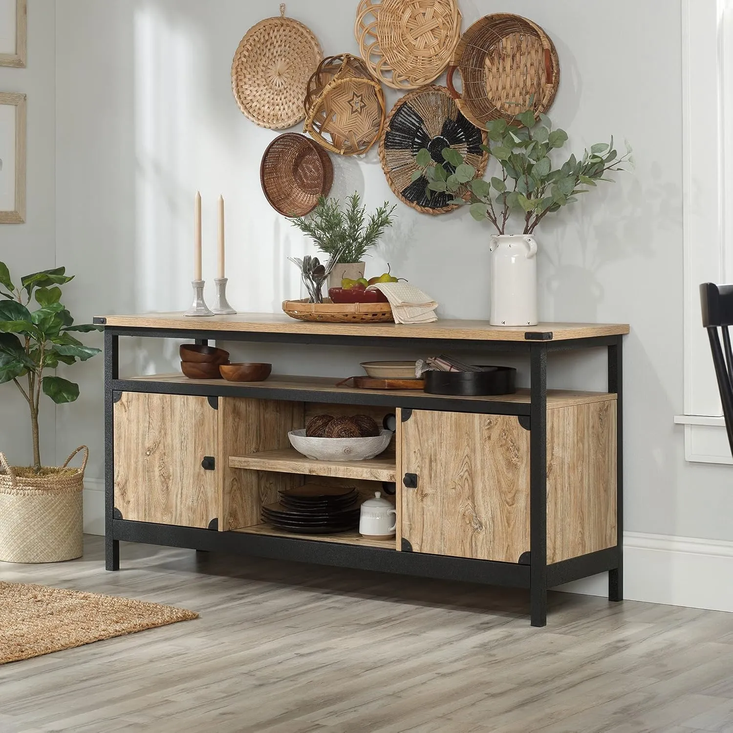 Sauder Steel River Industrial Metal & Wood TV Credenza with Doors, for TVs up to 65", Milled Mesquite Finish