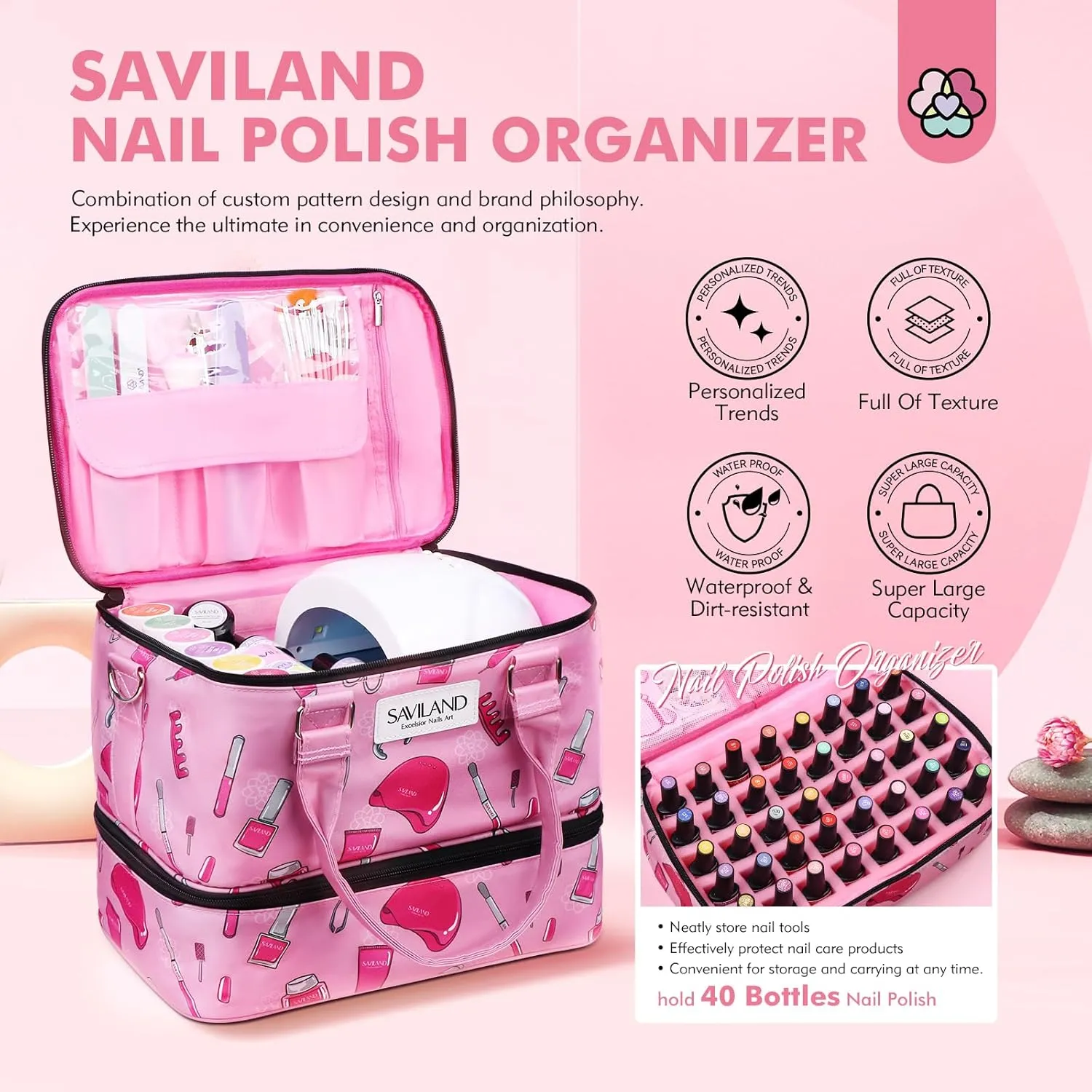 SAVILAND Nail Polish Organizer Bag: Professional Nail Kit Organizer Holds 40 Bottles & Nail Lamp, Portable Double Layer Nail Polish Holder Travel Case Nail Tech Organizer Storage Bag for Nail Supplies