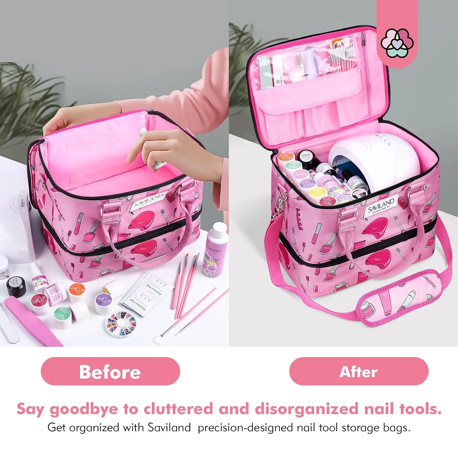 SAVILAND Nail Polish Organizer Bag: Professional Nail Kit Organizer Holds 40 Bottles & Nail Lamp, Portable Double Layer Nail Polish Holder Travel Case Nail Tech Organizer Storage Bag for Nail Supplies
