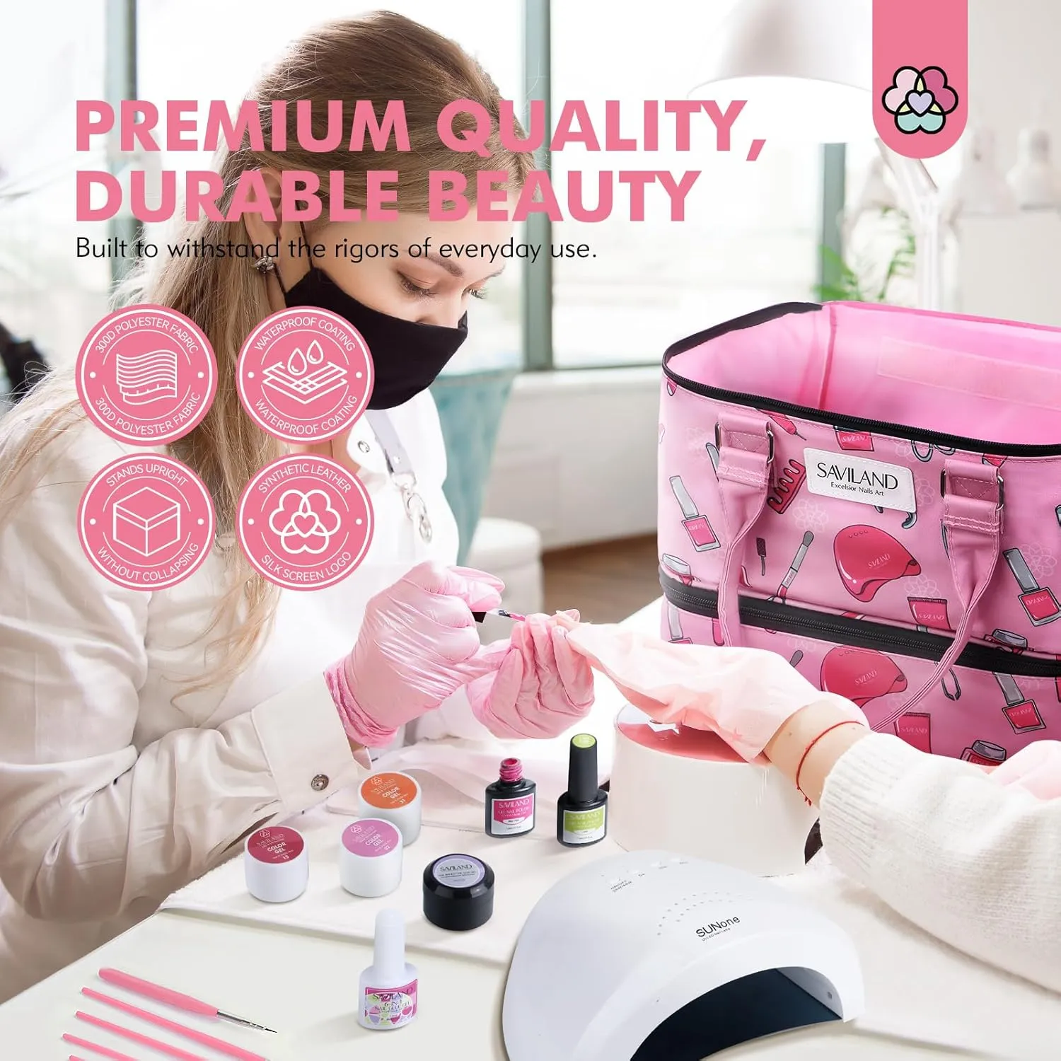 SAVILAND Nail Polish Organizer Bag: Professional Nail Kit Organizer Holds 40 Bottles & Nail Lamp, Portable Double Layer Nail Polish Holder Travel Case Nail Tech Organizer Storage Bag for Nail Supplies