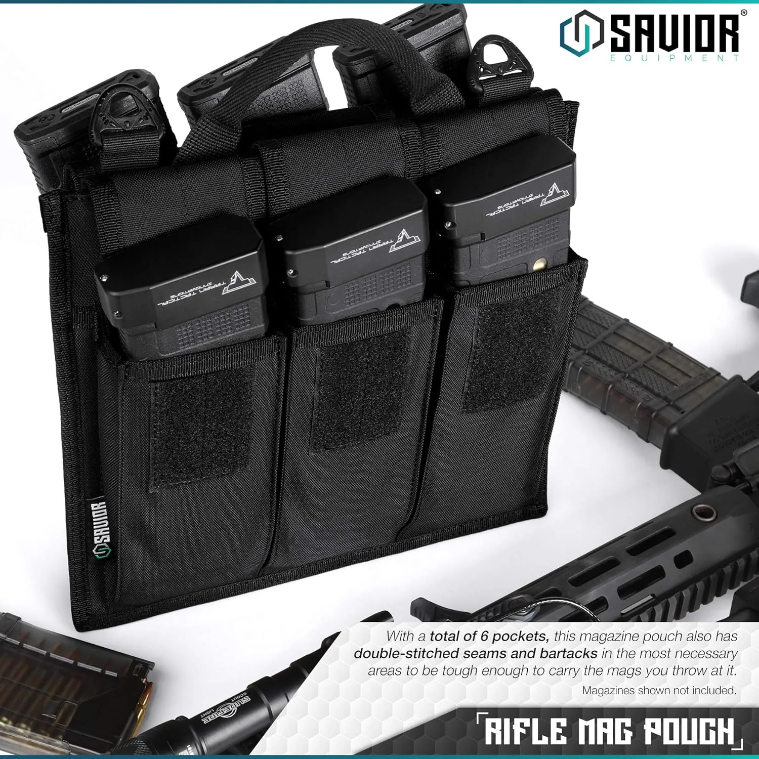 Savior Equipment Tactical Rifle & Pistol Magazine Pouch Carrier for M4 Carbine AR15 AK47 - Up to 6 Extended Mag, Adjustable Padded Shoulder Strap Included