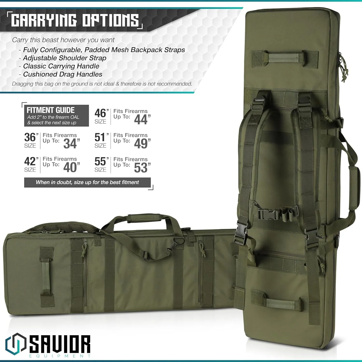 Savior Equipment Urban Warfare Tactical Double Long Gun Bag Case Backpack w/Pistol Handgun Case, Lockable Zipper, Padded Side Carry Strap, Available Length in 36" 42" 46" 51" 55"