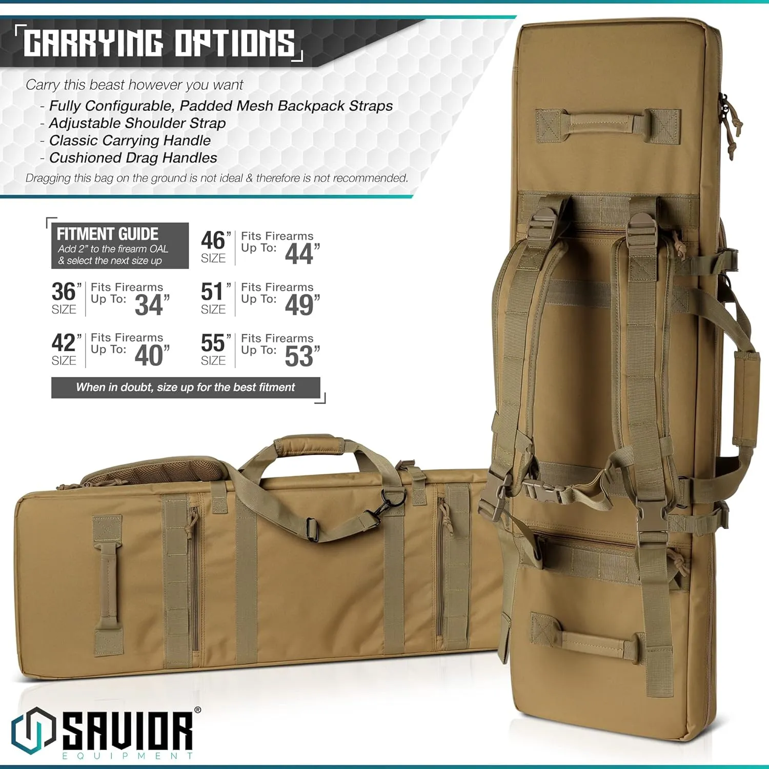 Savior Equipment Urban Warfare Tactical Double Long Gun Bag Case Backpack w/Pistol Handgun Case, Lockable Zipper, Padded Side Carry Strap, Available Length in 36" 42" 46" 51" 55"