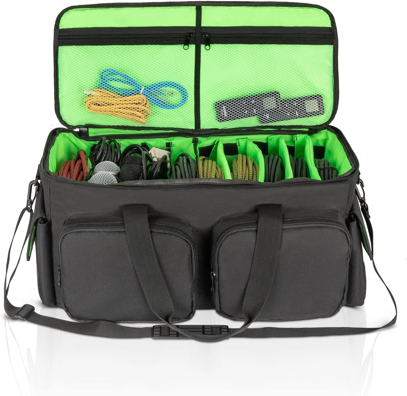 SAVIOUR DJ Cable File Bag, Detachable Padded Bottom and Adjustable Dividers, Stores Music, Audio, and Visual Cabling, Portable Travel Storage and Studio Organization (Green)