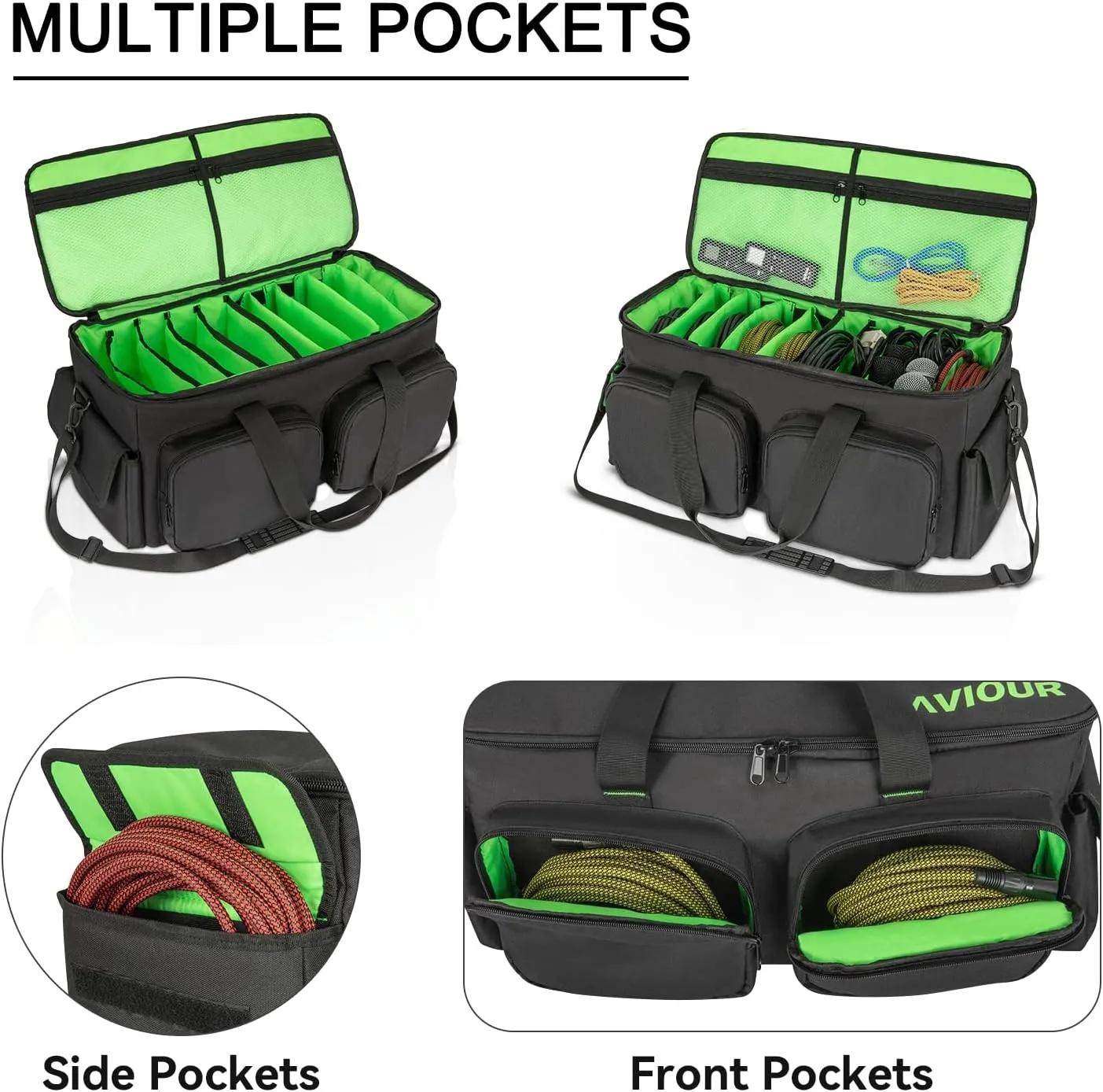 SAVIOUR DJ Cable File Bag, Detachable Padded Bottom and Adjustable Dividers, Stores Music, Audio, and Visual Cabling, Portable Travel Storage and Studio Organization (Green)