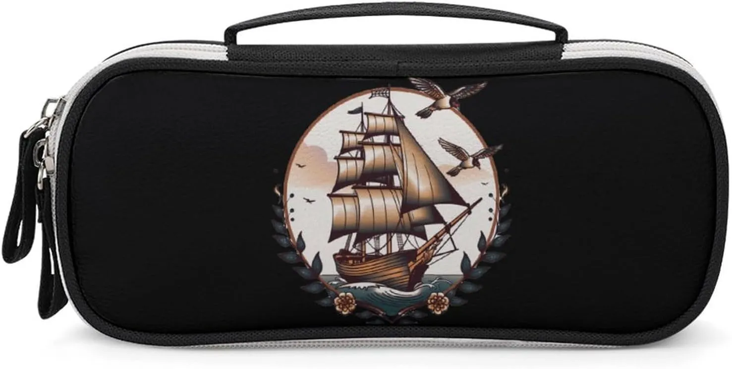 School Sailor Tattoo Clipper Ship And Swallows Pencil Case Portable Makeup Bag Pencil Pouch Travel Makeup Case Organizer for Women Men