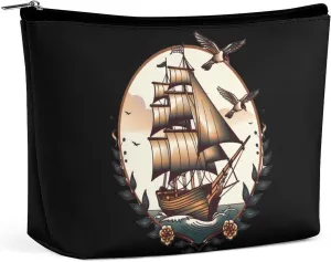 School Sailor Tattoo Clipper Ship And Swallows Travel Cosmetic Bag PU Leather Makeup Bag Toiletry Bag Portable Pouch Makeup Organizer Case