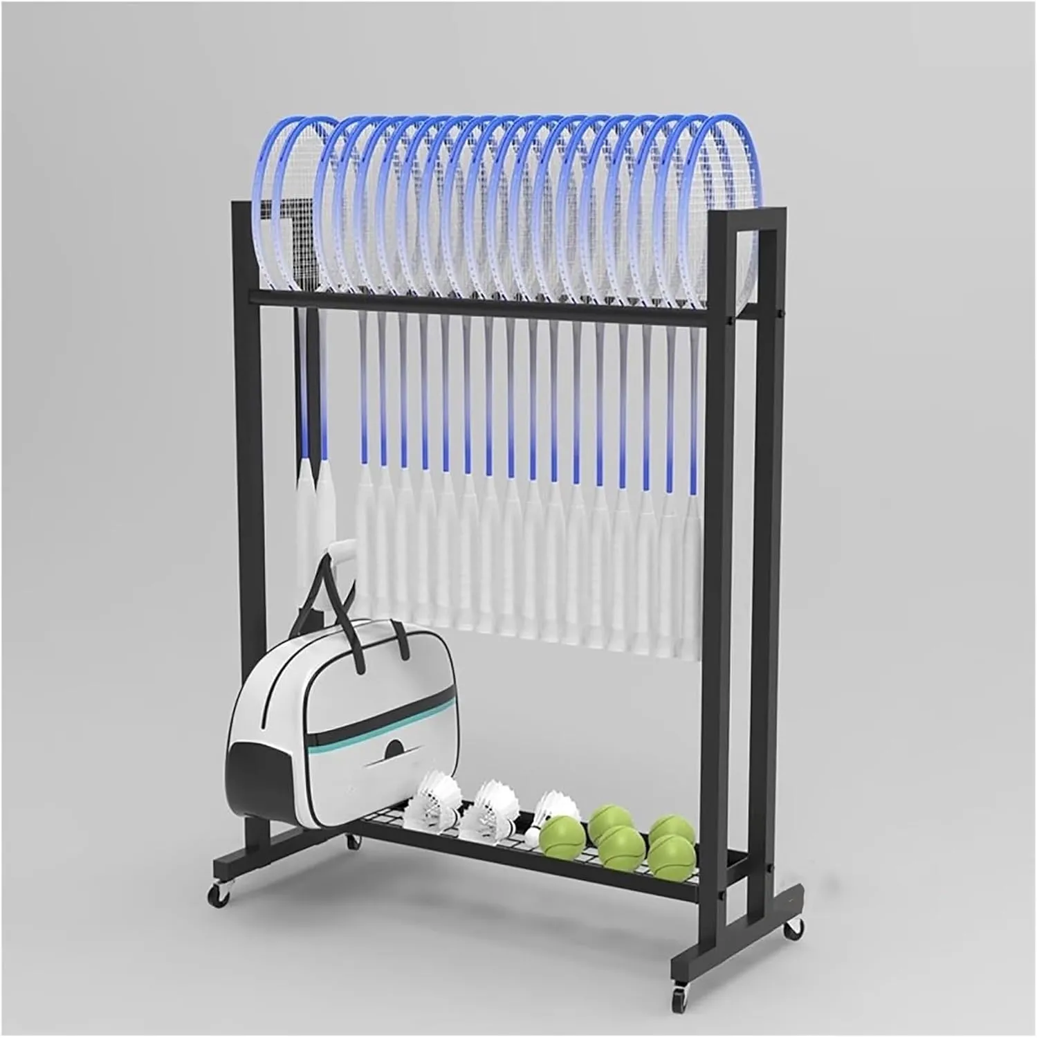 School/Gym/Training Ground Badminton/Tennis Racket Storage Organzier Holder Rack Freestanding, Rolling Mobile Sports Equipment Cart, Large Capacity