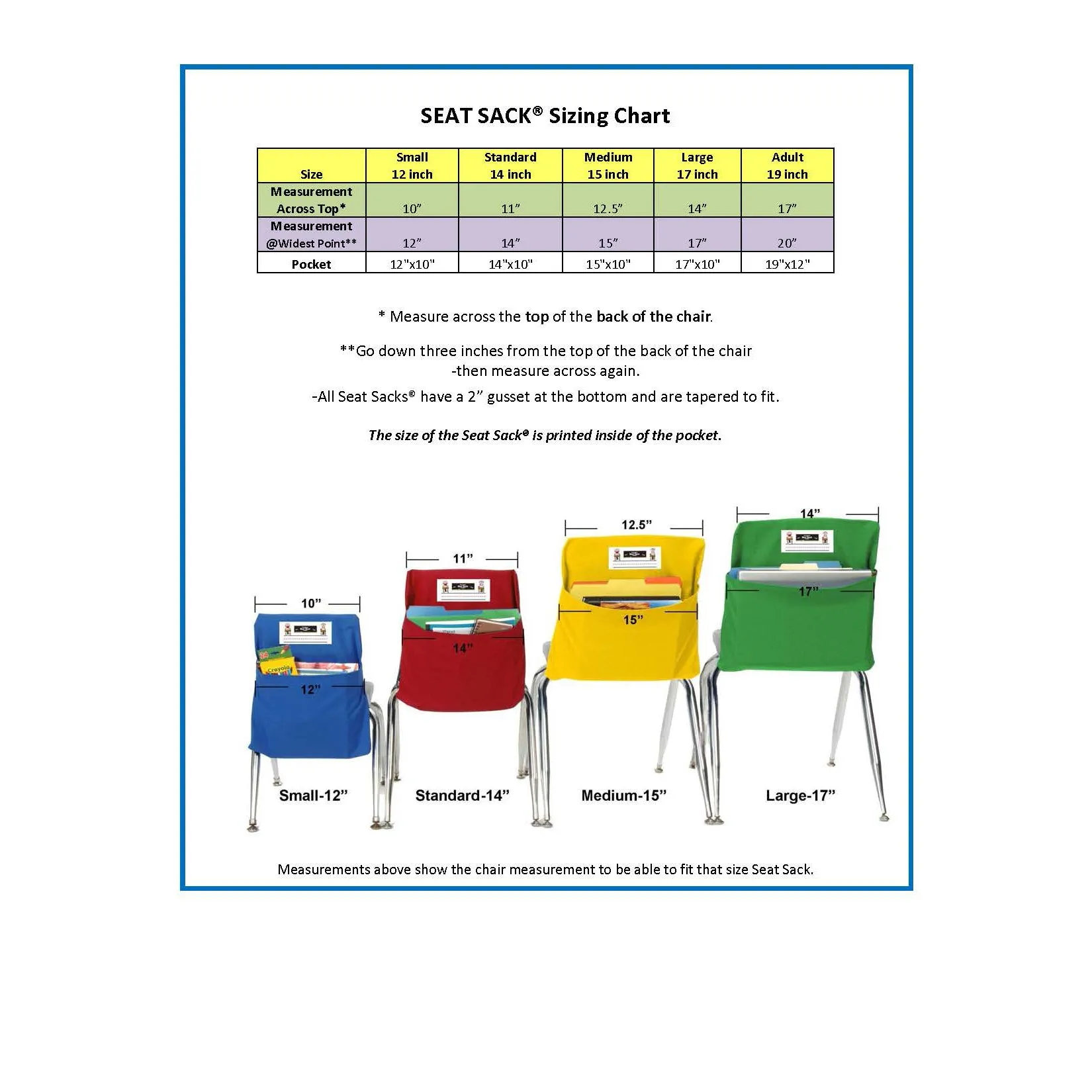 Seat Sack, Small, 12 inch, Chair Pocket, Yellow, Pack of 2