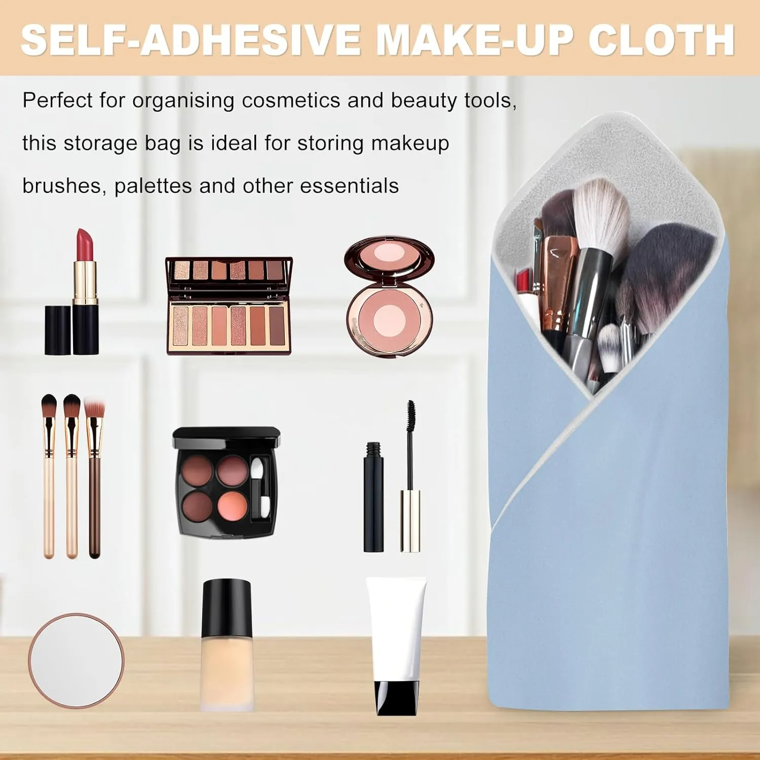 Self-Adhesive Makeup Bag – Portable Magic Cloth Cosmetic Pouch & Lens Wrap, Travel Organizer for Beauty Essentials, Gifts, and Daily Use,Blue,21.65inch