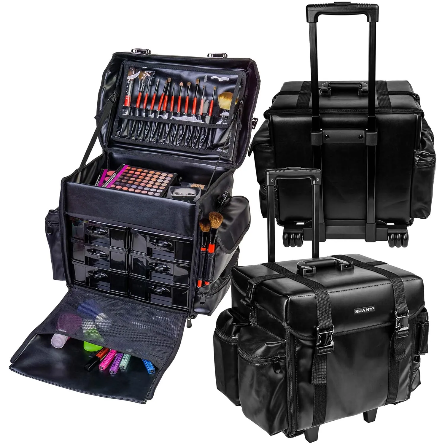 SHANY Makeup Artist Soft Rolling Trolley Cosmetic Case with Free Set of Mesh Bag Makeup Organizer - Travel Rolling Makeup Bag - Head Turner