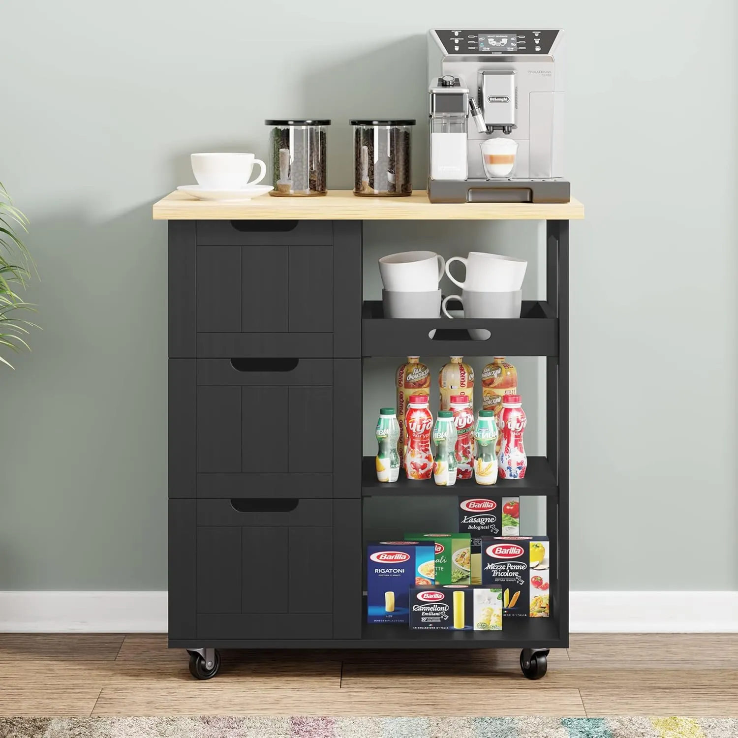 Shintenchi Kitchen Island Cart with Storage,Rolling Kitchen Island Storage Cabinet,Side Table on Wheels with Worktop,3 Open Shelves and 3 Drawers for Kitchen,Dinning Room, Black