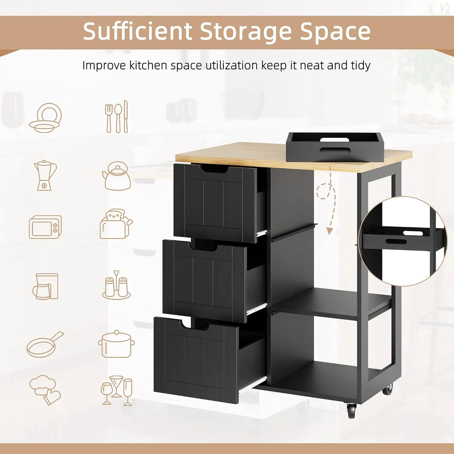 Shintenchi Kitchen Island Cart with Storage,Rolling Kitchen Island Storage Cabinet,Side Table on Wheels with Worktop,3 Open Shelves and 3 Drawers for Kitchen,Dinning Room, Black