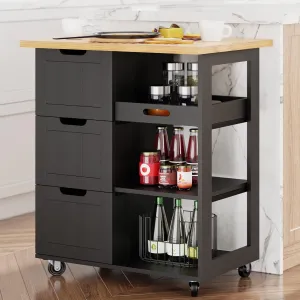 Shintenchi Kitchen Island Cart with Storage,Rolling Kitchen Island Storage Cabinet,Side Table on Wheels with Worktop,3 Open Shelves and 3 Drawers for Kitchen,Dinning Room, Black