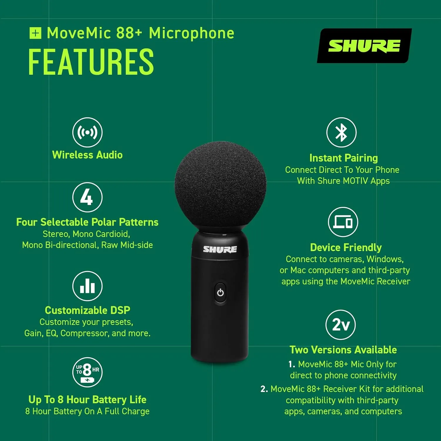 Shure MoveMic 88  Wireless Microphone - Professional Audio Recorder for Film/Field Recording Interviews, Stereo Mic 4 Polar Patterns | Compatible with iOS/Android via Motiv App (MV88 W-Z7)