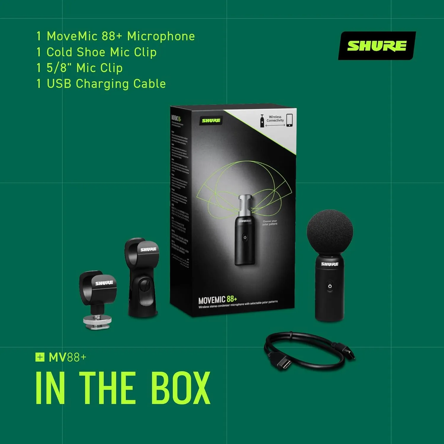 Shure MoveMic 88  Wireless Microphone - Professional Audio Recorder for Film/Field Recording Interviews, Stereo Mic 4 Polar Patterns | Compatible with iOS/Android via Motiv App (MV88 W-Z7)