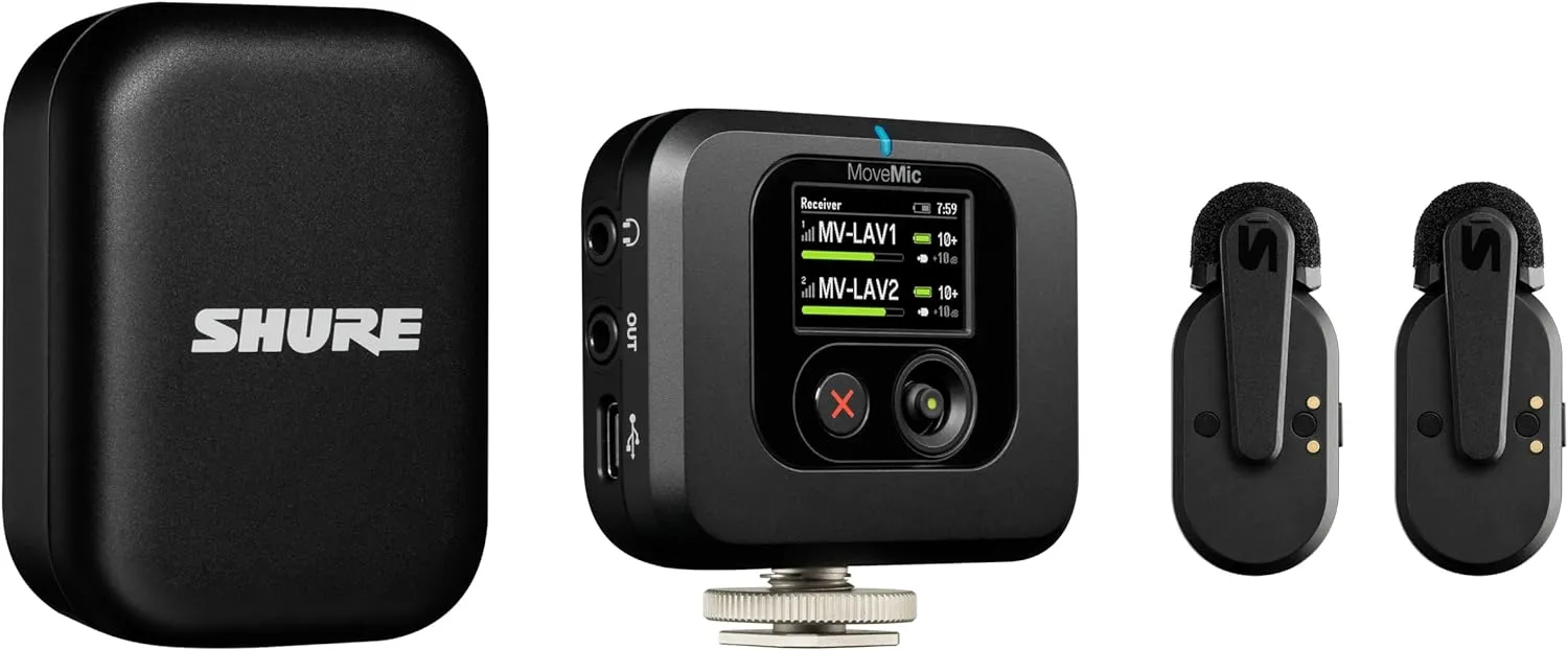 Shure MoveMic Two Kit - Pro Wireless Lavalier Microphones with Camera Receiver for DSLRs, iPhone, Android, Mac & PC, 2 Bluetooth Mini Mics, 24 Hours Charge, IPX4, Portable Clip Lavs (MV-Two-KIT-Z7)