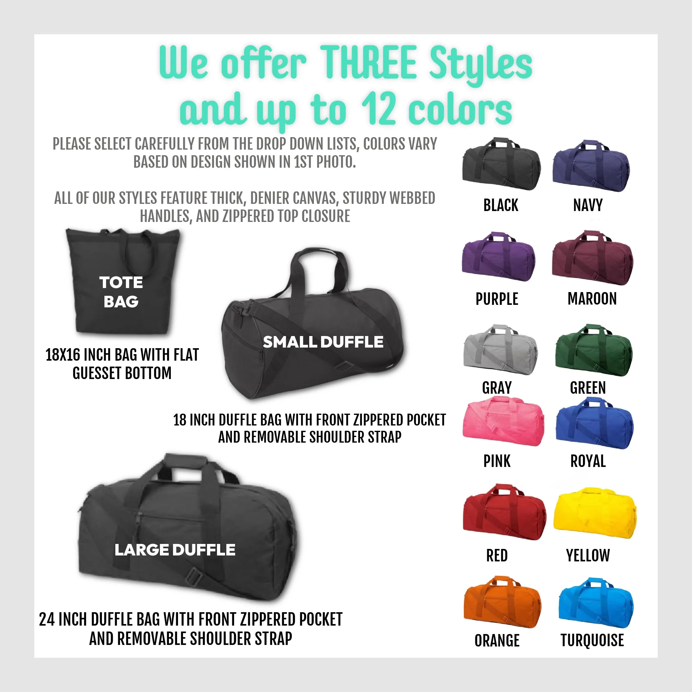 Silver Sparkly Custom Color Cheer Personalized Tote or Duffle Bag