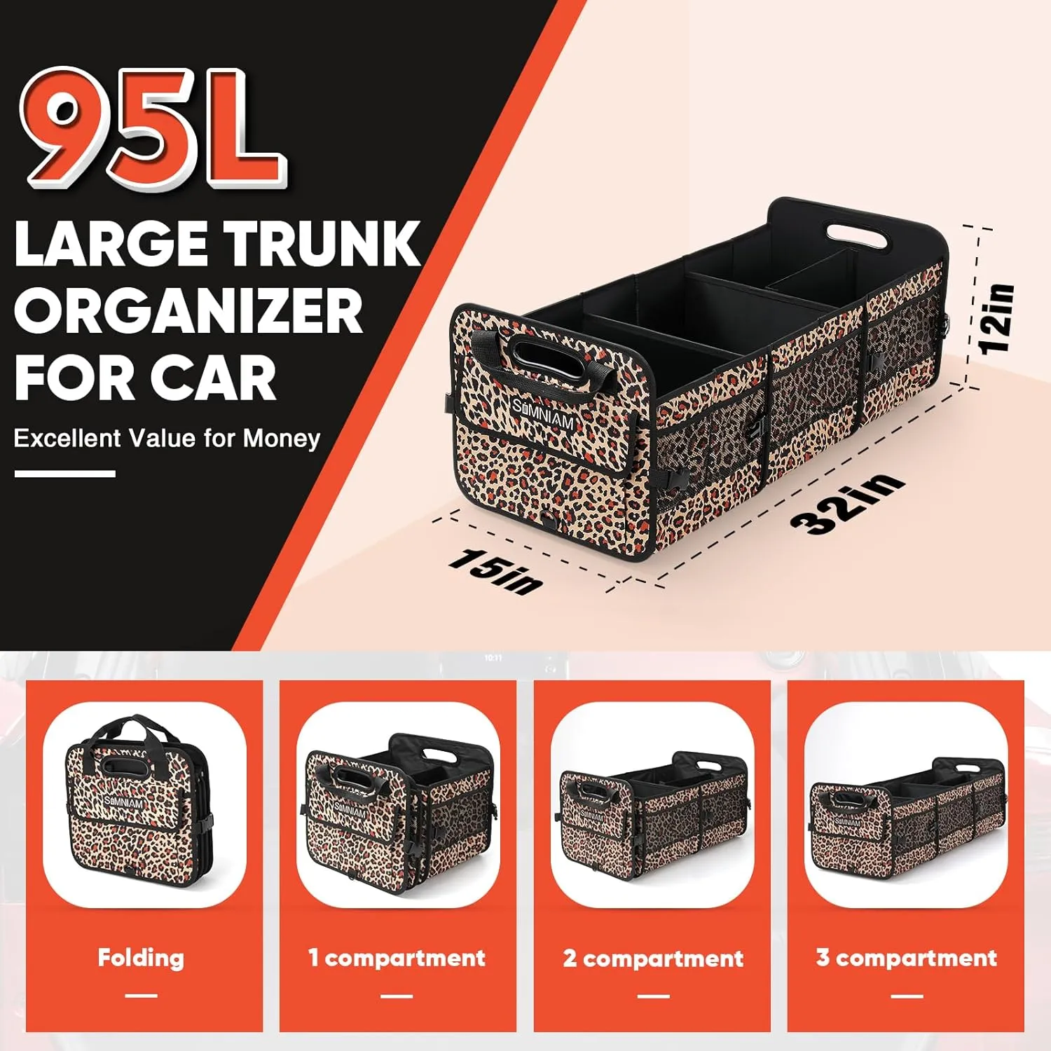 Simniam Large Car Trunk Organizer, 95L Portable Trunk Organizers and Storage SUV, with Reinforced Handle and 2 Telescopic Straps, Trunk Organizer Available for Car, SUV, Truck, Minivan