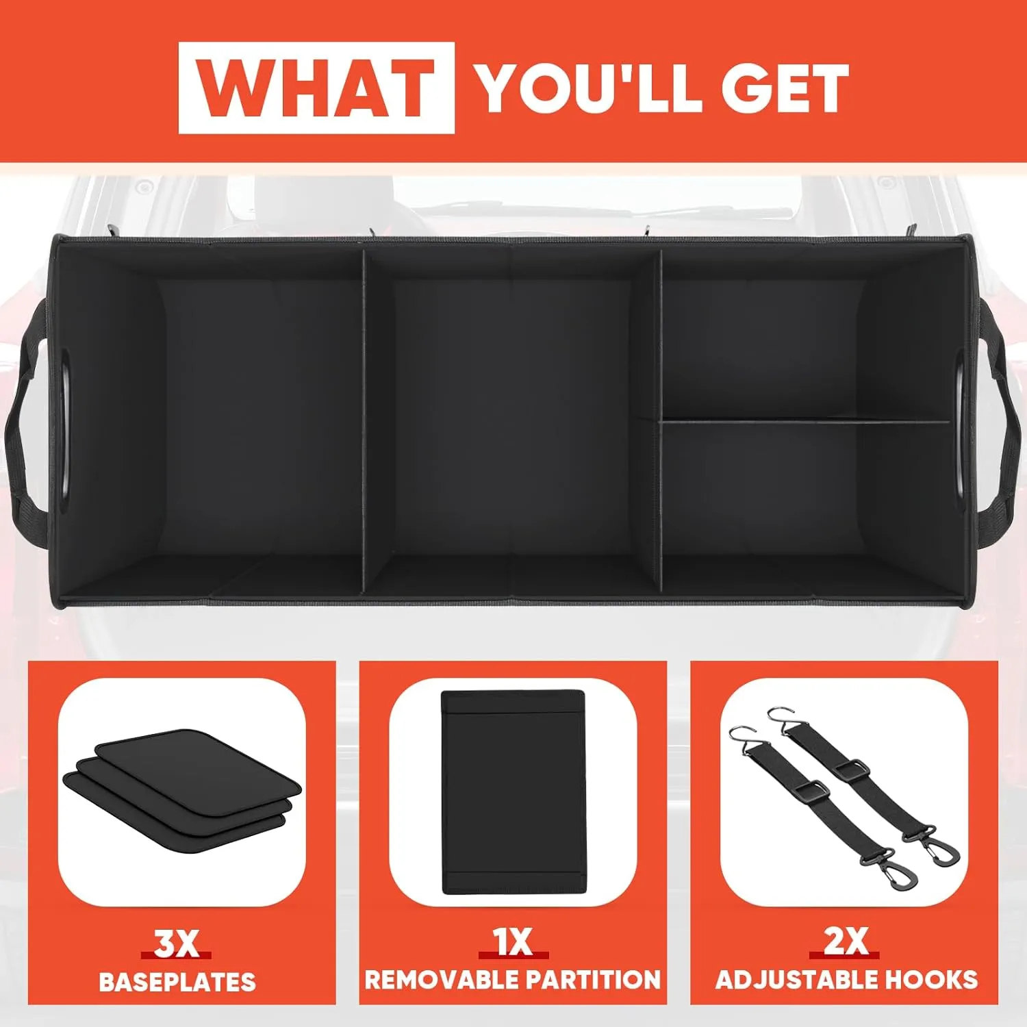 Simniam Large Car Trunk Organizer, 95L Portable Trunk Organizers and Storage SUV, with Reinforced Handle and 2 Telescopic Straps, Trunk Organizer Available for Car, SUV, Truck, Minivan