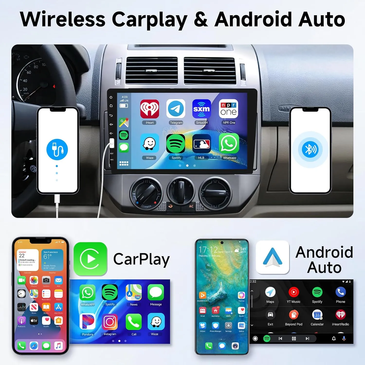 Single DIN Car Stereo with Wireless Carplay & Android Auto,Hodozzy 9 Inch IPS Touch Screen Radio with Bluetooth GPS Car Audio Receivers, Mirror Link, FM Radio,SWC/USB/DSP  Backup Camera