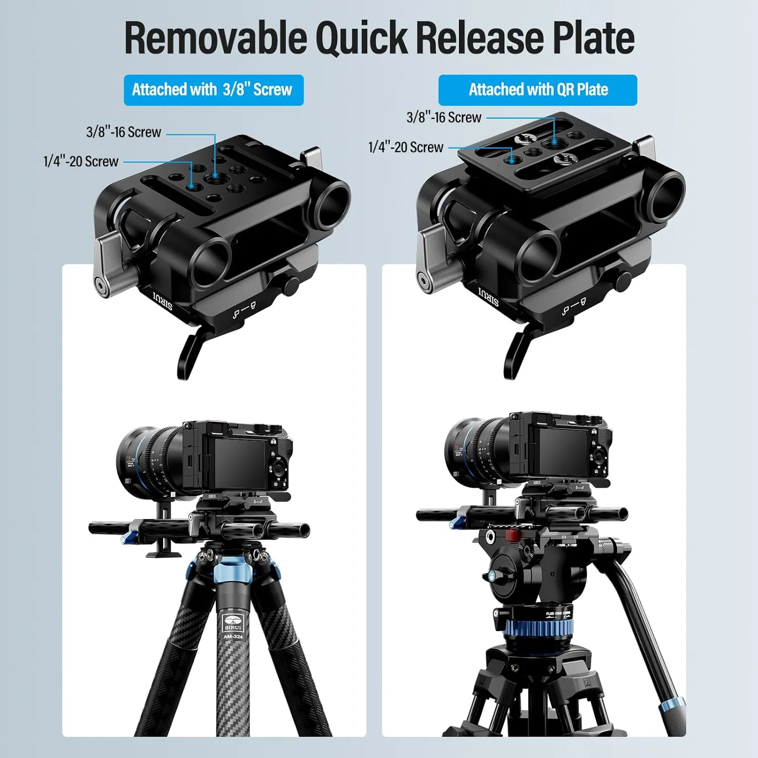 SIRUI 15mm Rail Support System with Quick Release Plate, Camera Baseplate with Dual 15mm Rod Clamps for Tripod, Shoulder Rig, Follow Focus, AM-QA-LR