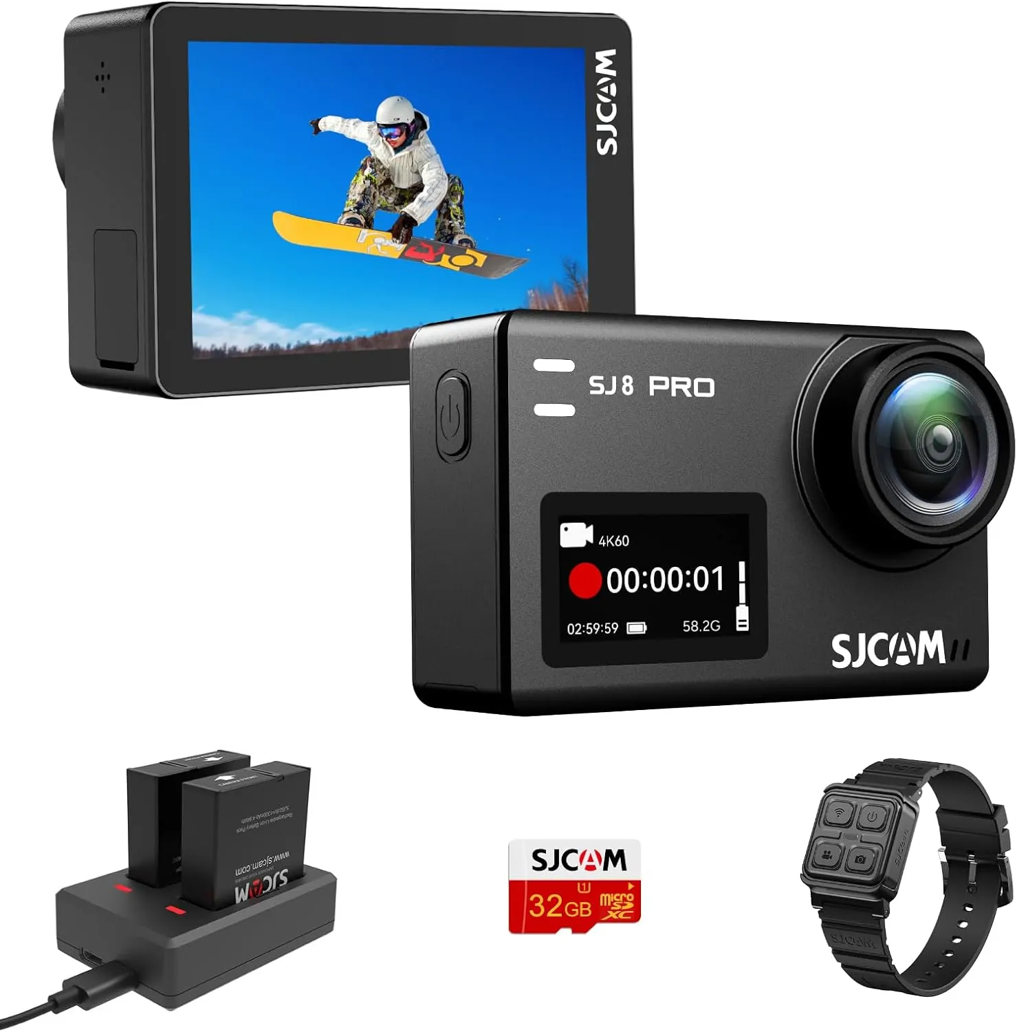 SJCAM SJ8PRO 4K60fps Action Camera with Stabilization 170° Wide-Angle 131Ft Underwater Camera with Remote Control 8X Slow Motion Zoom Waterproof Helmet Camera for Motorcycle/Diving, Touch Screen