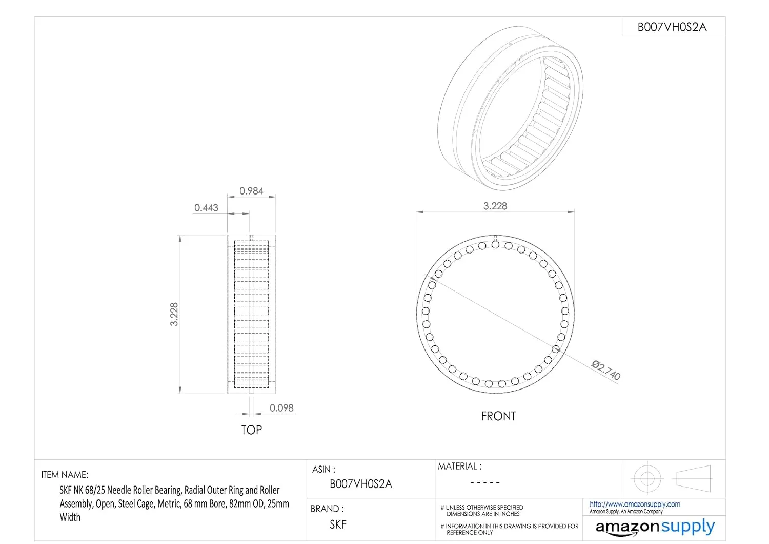 SKF NK 85/35 Needle Roller Bearing, Radial Outer Ring and Roller Assembly, Open, Steel Cage, Metric, 85 mm Bore, 105mm OD, 35mm Width