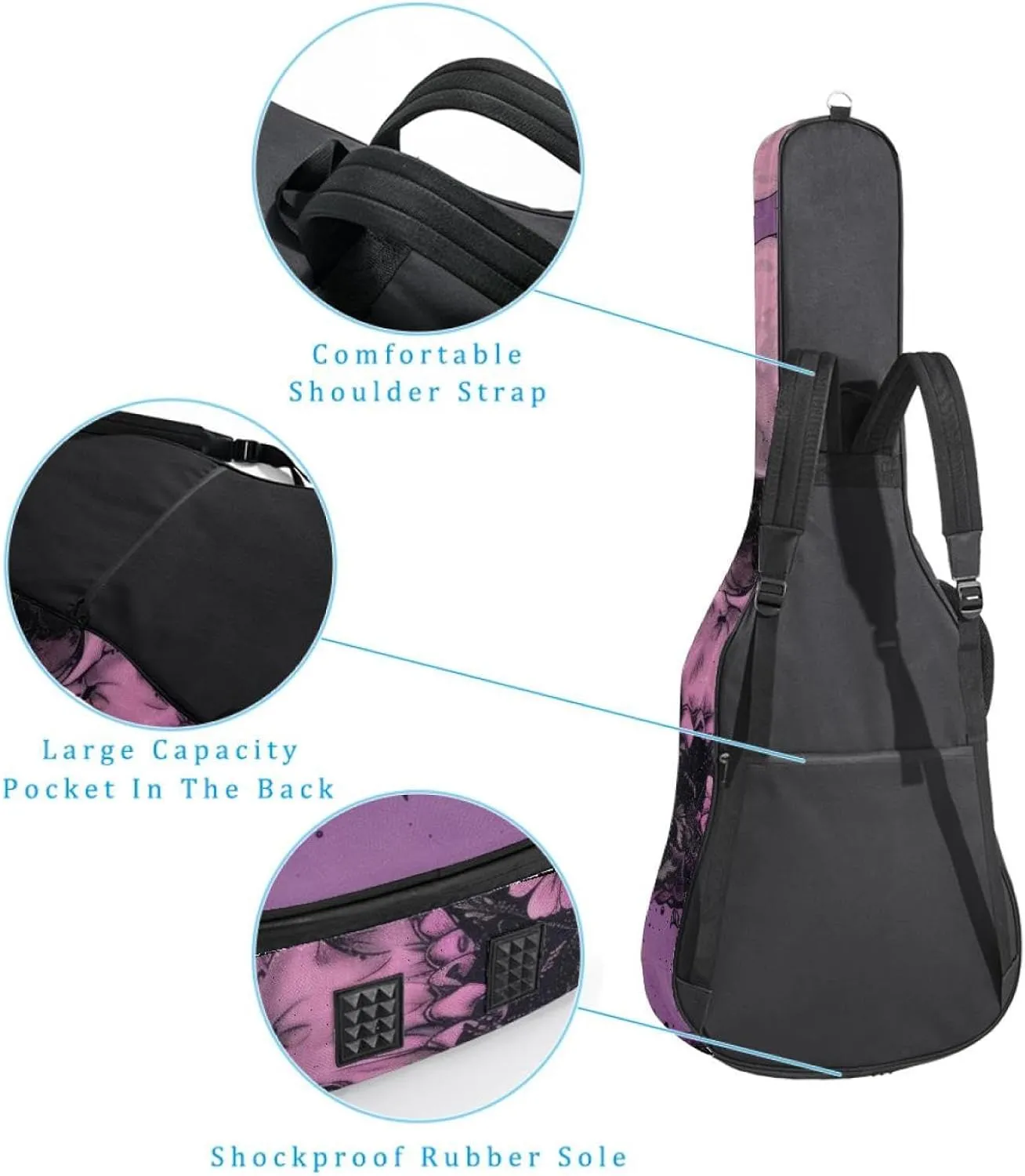 Skull Mushroom Moon Plant Purple Acoustic Guitar Gig Bag, 1 cm Thick Padding Waterproof Guitar Case Backpack with Dual Adjustable Shoulder Strap for 40-42 Inch Guitar