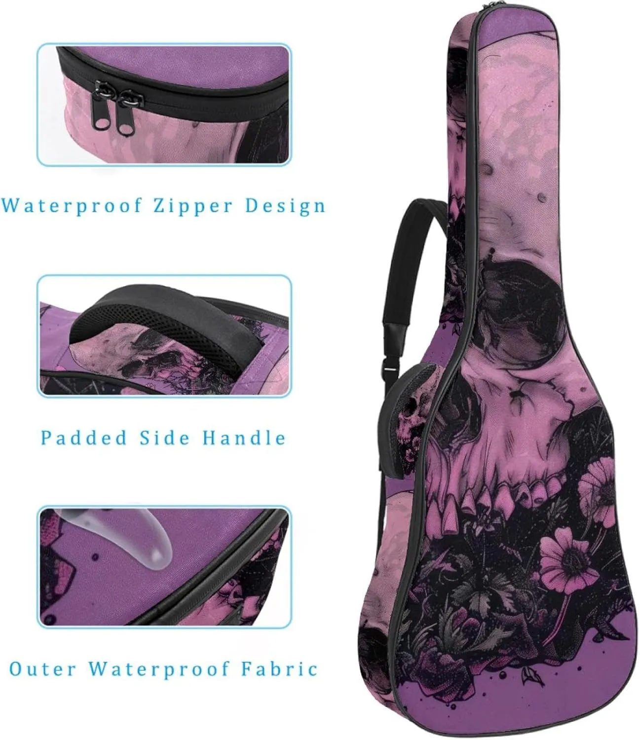Skull Mushroom Moon Plant Purple Acoustic Guitar Gig Bag, 1 cm Thick Padding Waterproof Guitar Case Backpack with Dual Adjustable Shoulder Strap for 40-42 Inch Guitar